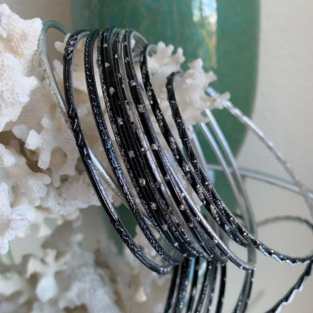 BANGLE BRACELETS Set of 11 Black & Silver-Tone | Mixed Textures | Stack Jewelry